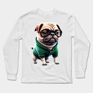 Muscular Pug Gym Trainer - Cute Pug with Green Hoodie Design Long Sleeve T-Shirt